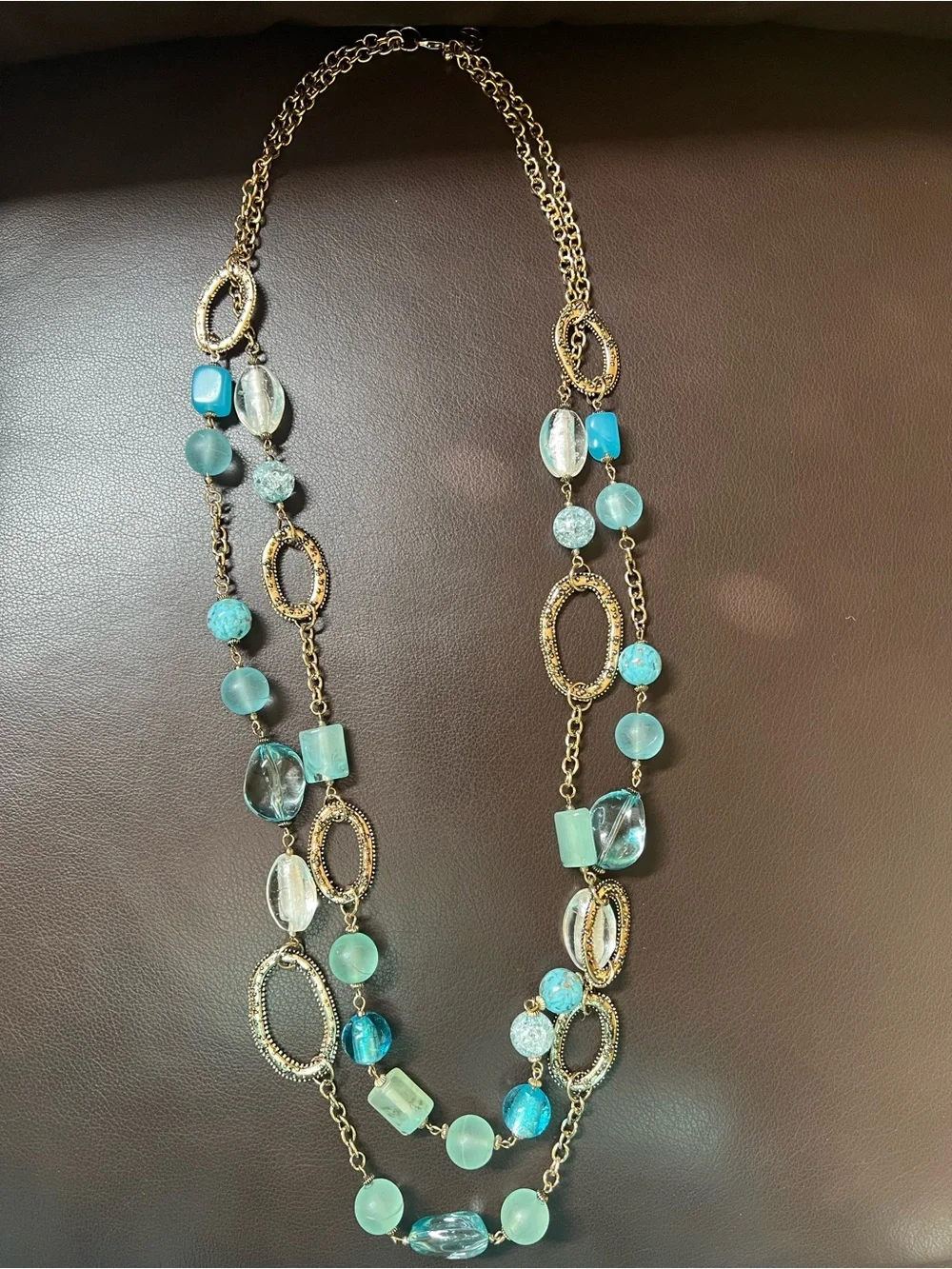 Erica Lyons Necklace Multi-layered Gold-Tone Chain with Blue Aqua Beads 36”